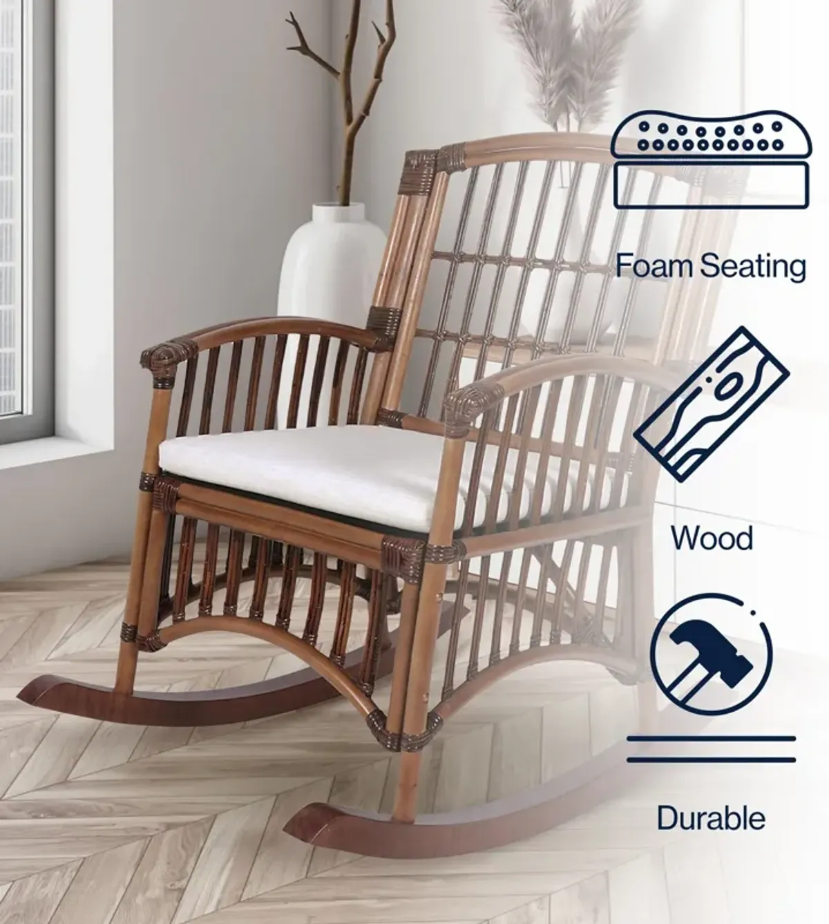 Swayze Bohemian Farmhouse Woven Rattan/Wood Rocking Chair