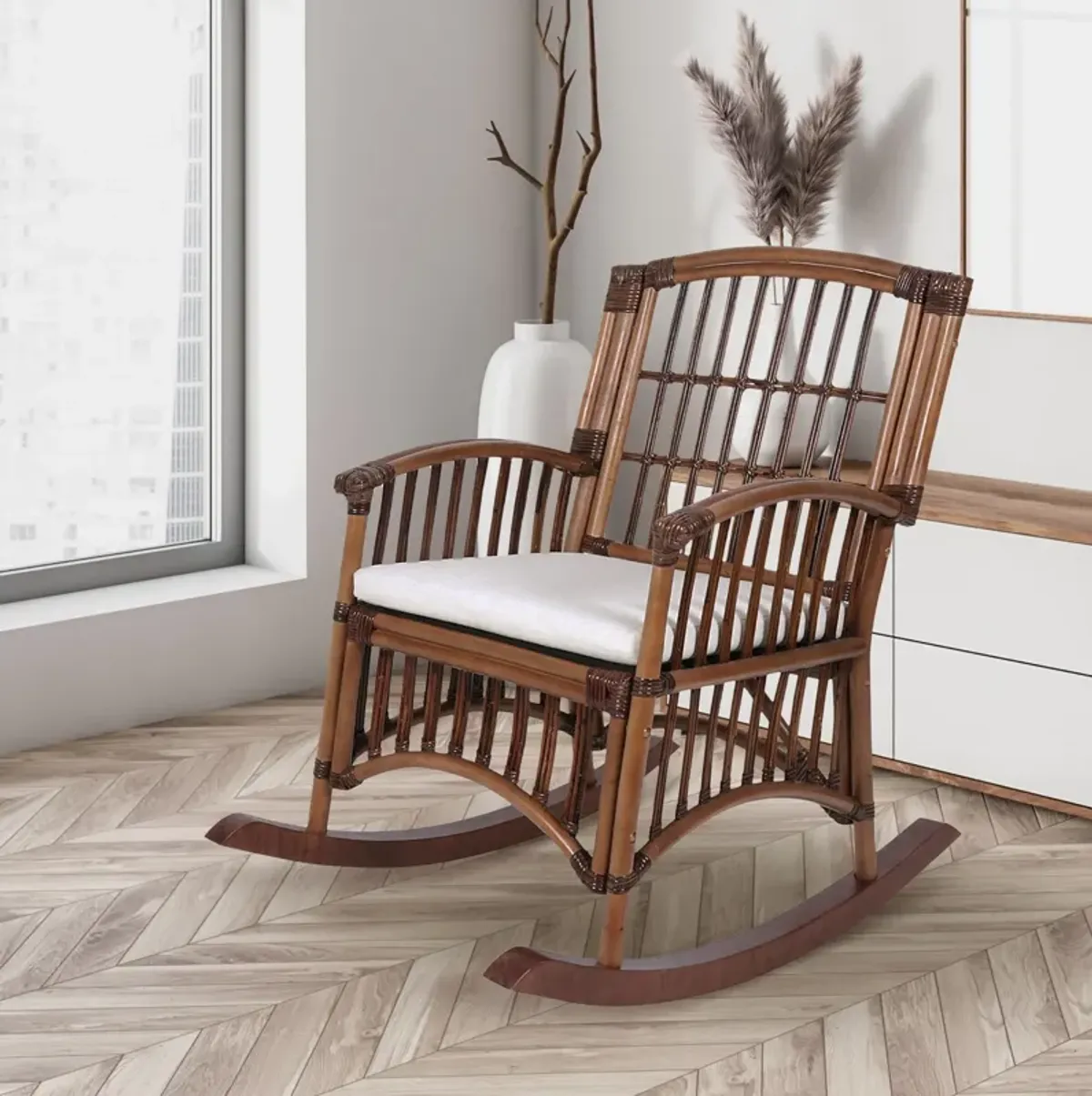 Swayze Bohemian Farmhouse Woven Rattan/Wood Rocking Chair