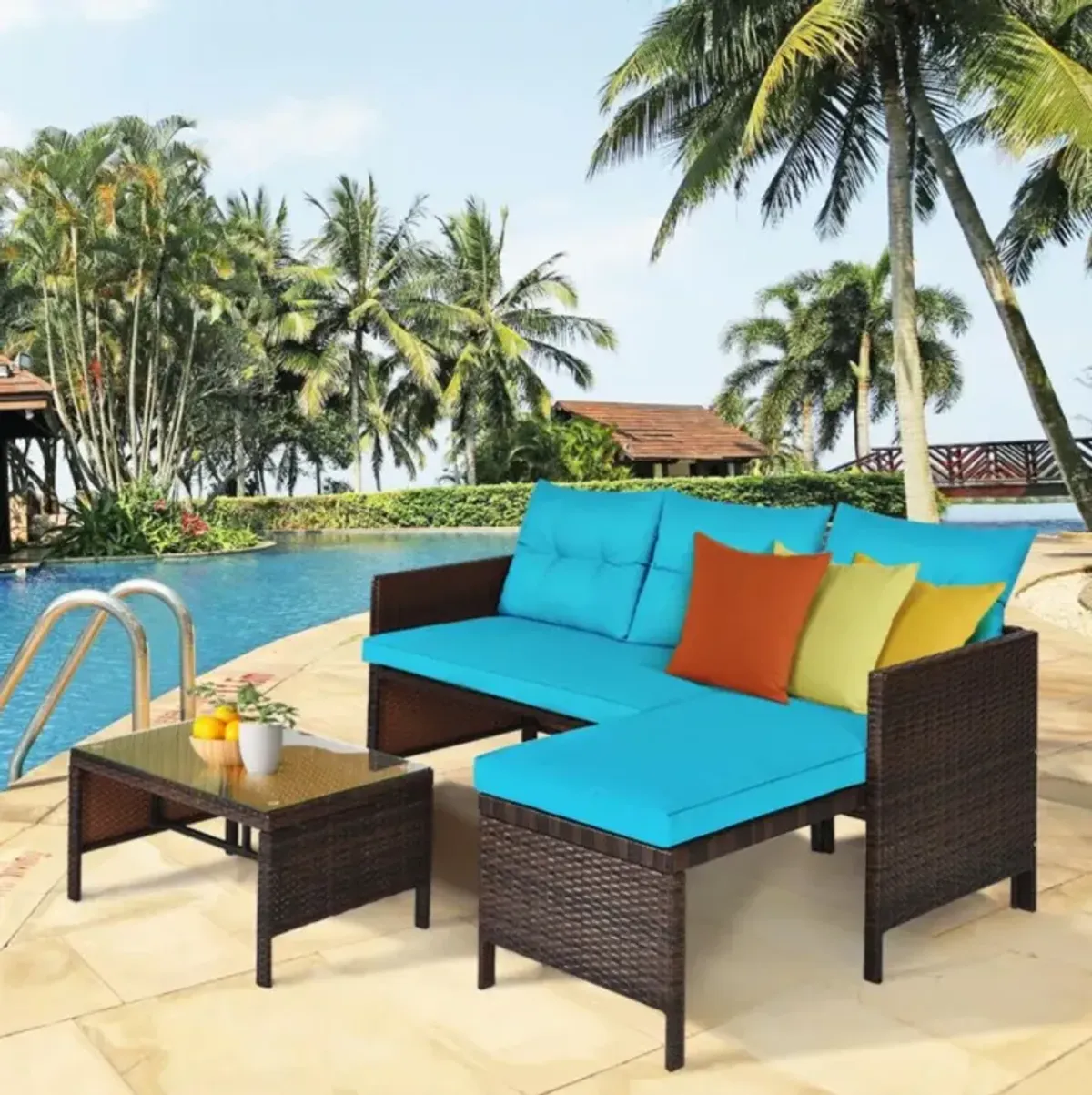 Hivvago 3 Pieces Outdoor Patio Corner Rattan Sofa Set