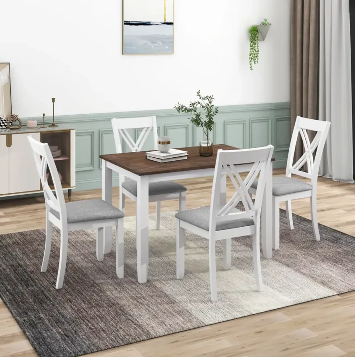 Rustic Minimalist Wood 5-Piece Dining Table Set With 4 X-Back Chairs For Small Places