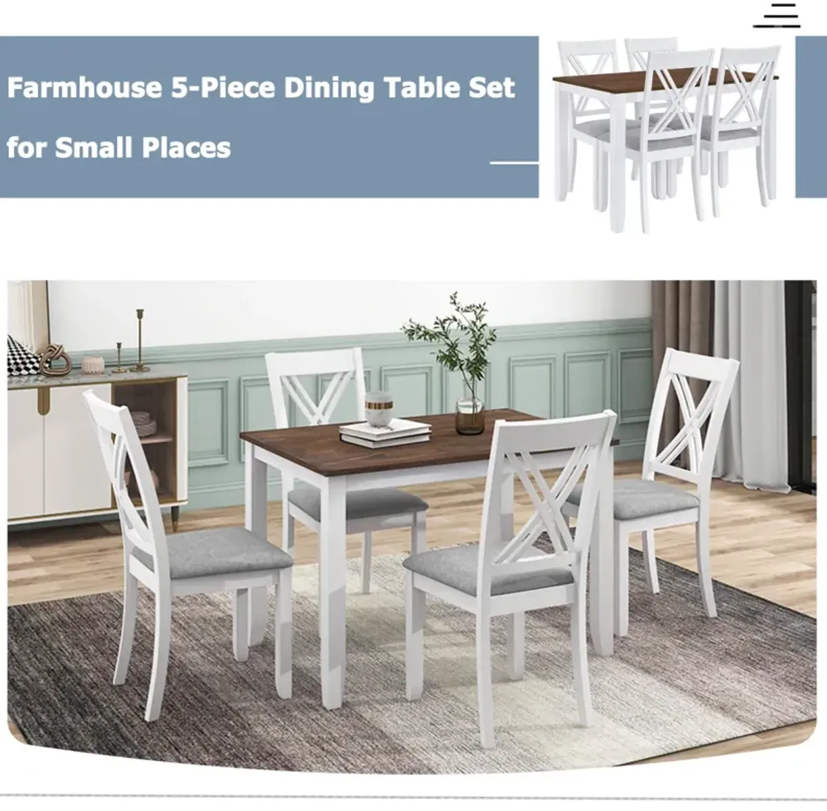 Rustic Minimalist Wood 5-Piece Dining Table Set With 4 X-Back Chairs For Small Places