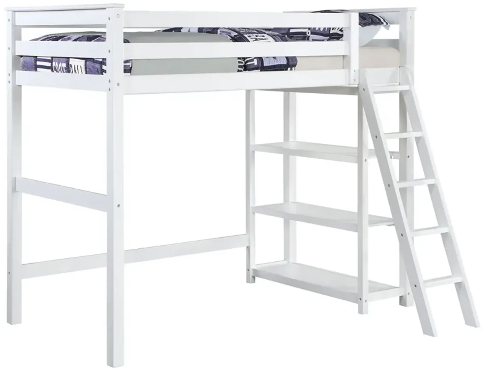 Ica Modern Twin Loft Bed with 3 Shelves and Ladder, White Solid Wood - Benzara