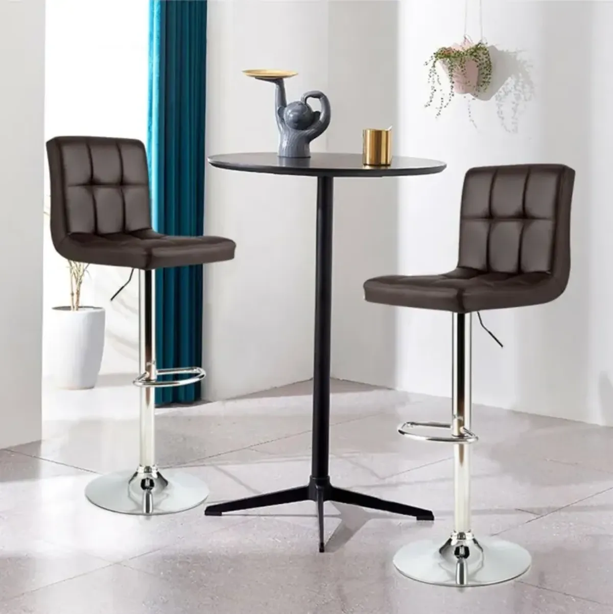 Hivvago Set of 2 Square Swivel Adjustable PU Leather Bar Stools with Back and Footrest