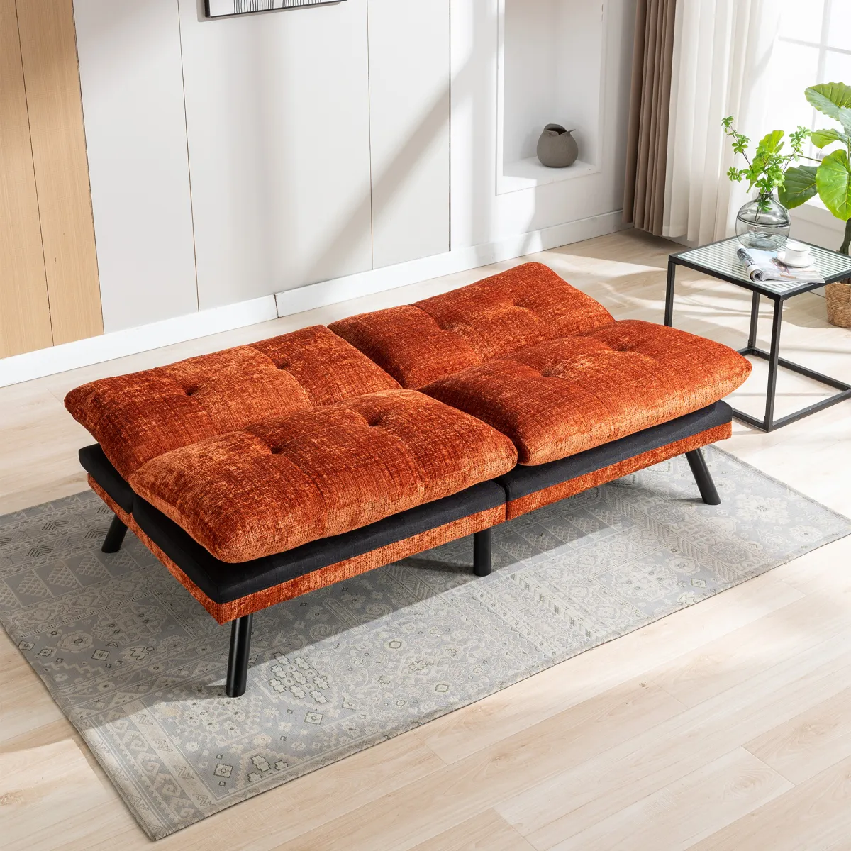 Orange Chenille Convertible Sofa Bed - Lounge Couch