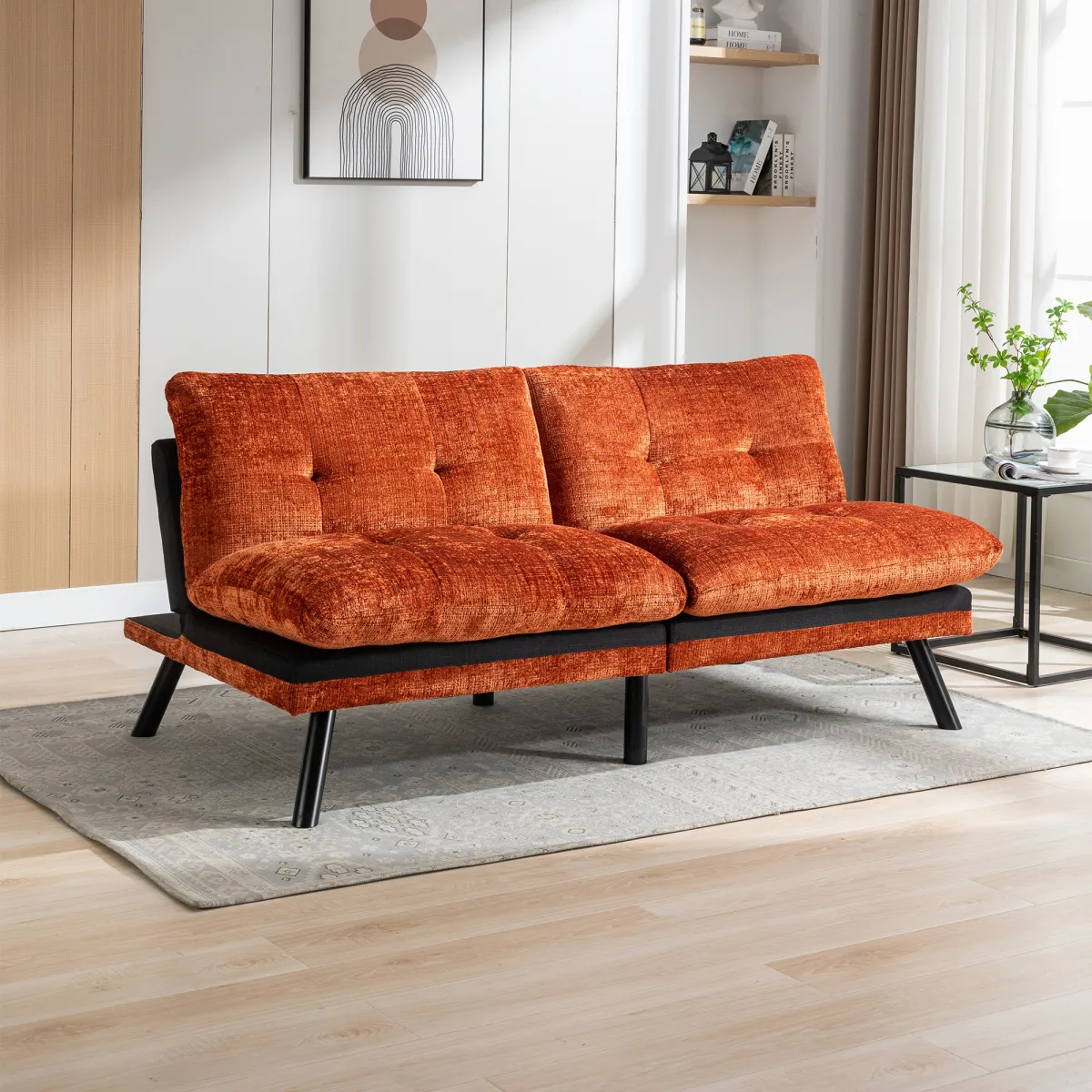 Orange Chenille Convertible Sofa Bed - Lounge Couch