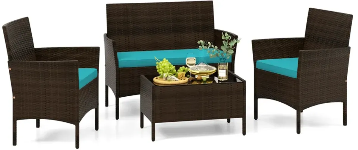 4 Piece Patio Rattan Conversation Set with Cozy Seat Cushions