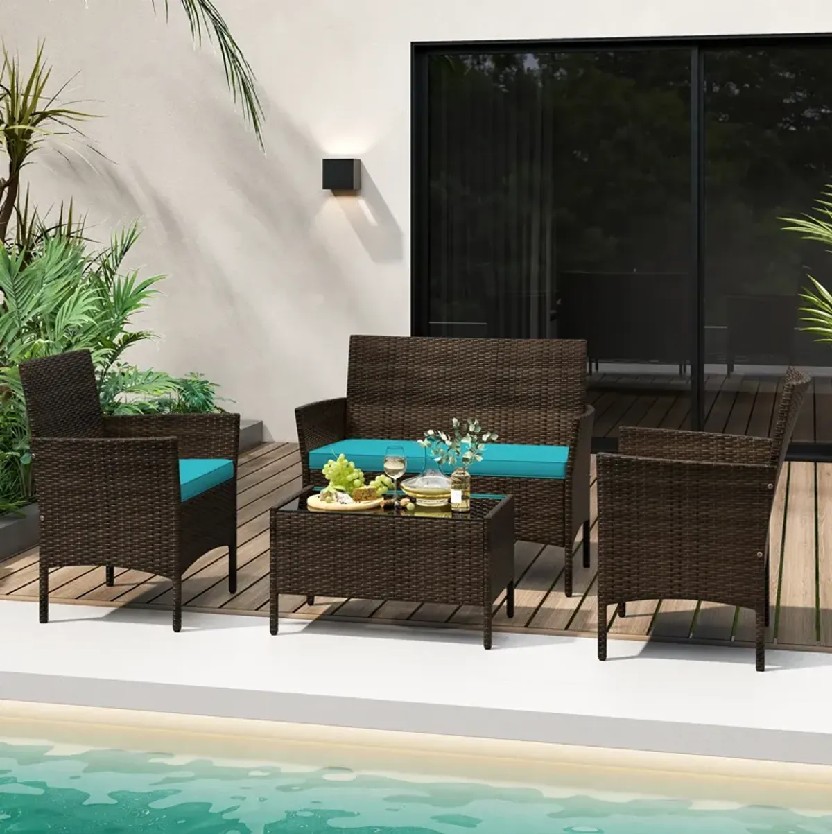 4 Piece Patio Rattan Conversation Set with Cozy Seat Cushions