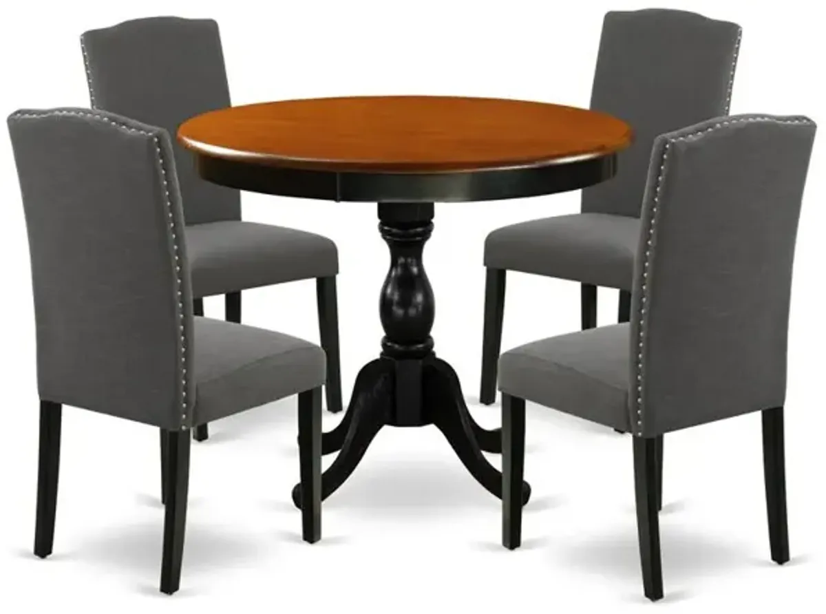 East West Furniture 5-Pc Round Kitchen Table Set Contains a Wood Kitchen Table and 4 Dark Gotham Grey Linen Fabric Kitchen Chairs with High Back - Black Finish