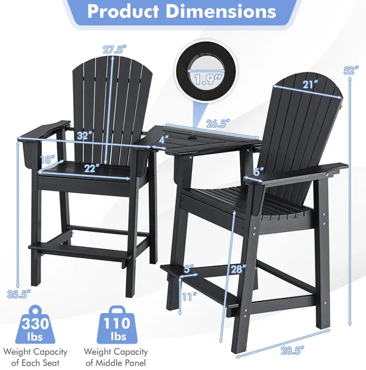 2 Pieces HDPE Tall Adirondack Chair with Middle Connecting Tray