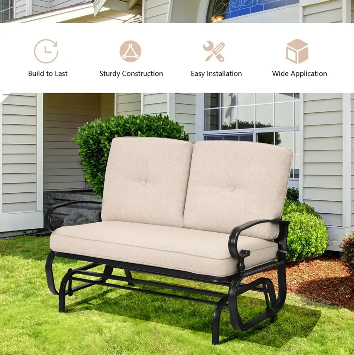 2 Seats Outdoor Swing Glider Chair with Comfortable Cushions