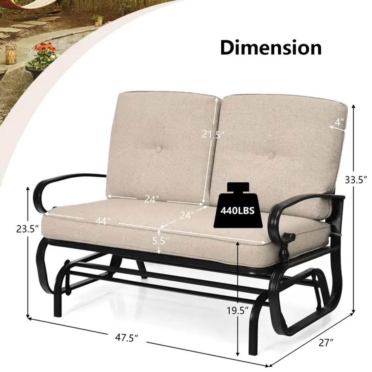 2 Seats Outdoor Swing Glider Chair with Comfortable Cushions