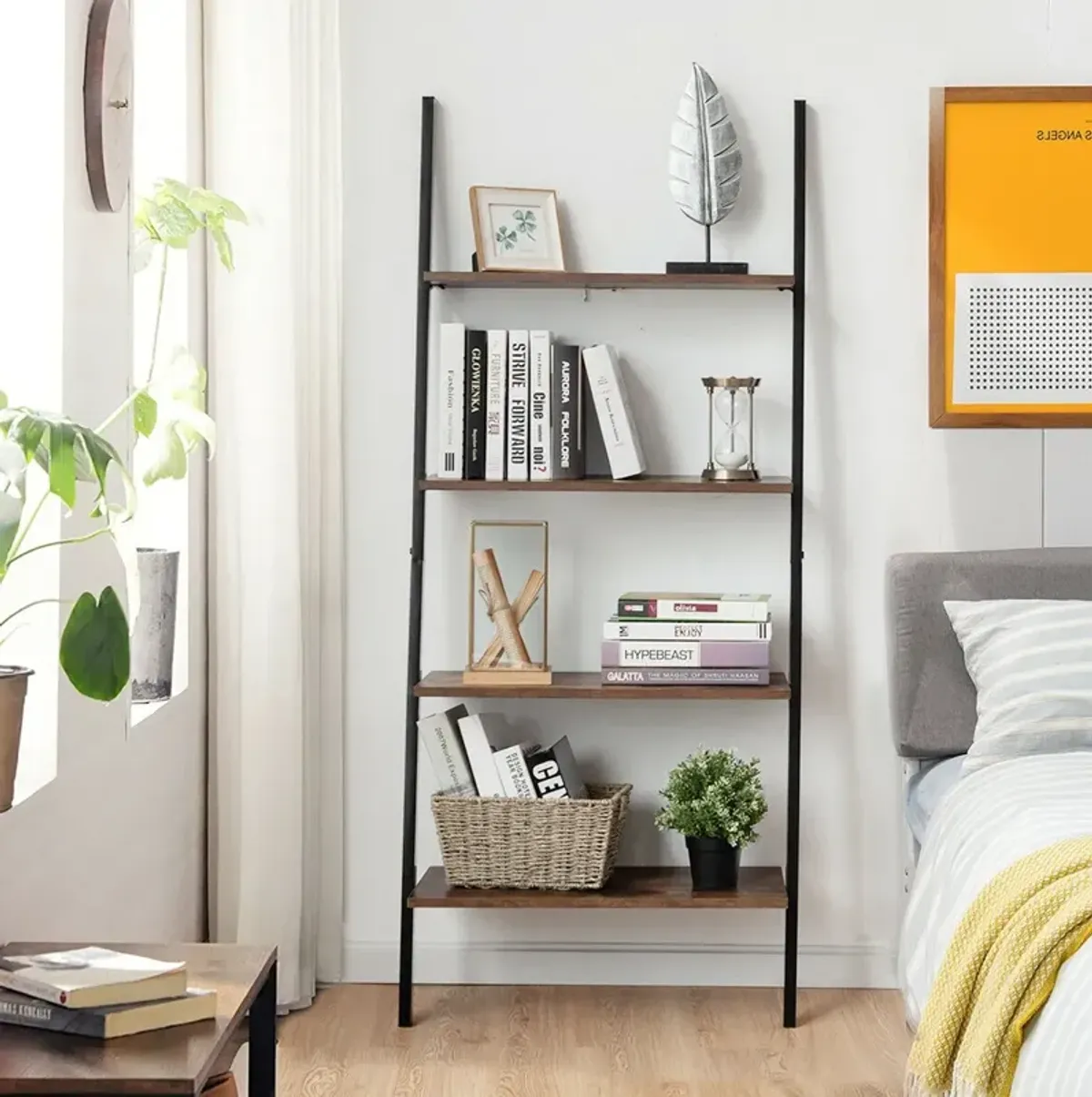 Industrial 4-Tier Ladder Shelf with Metal Frame for Living Room Office