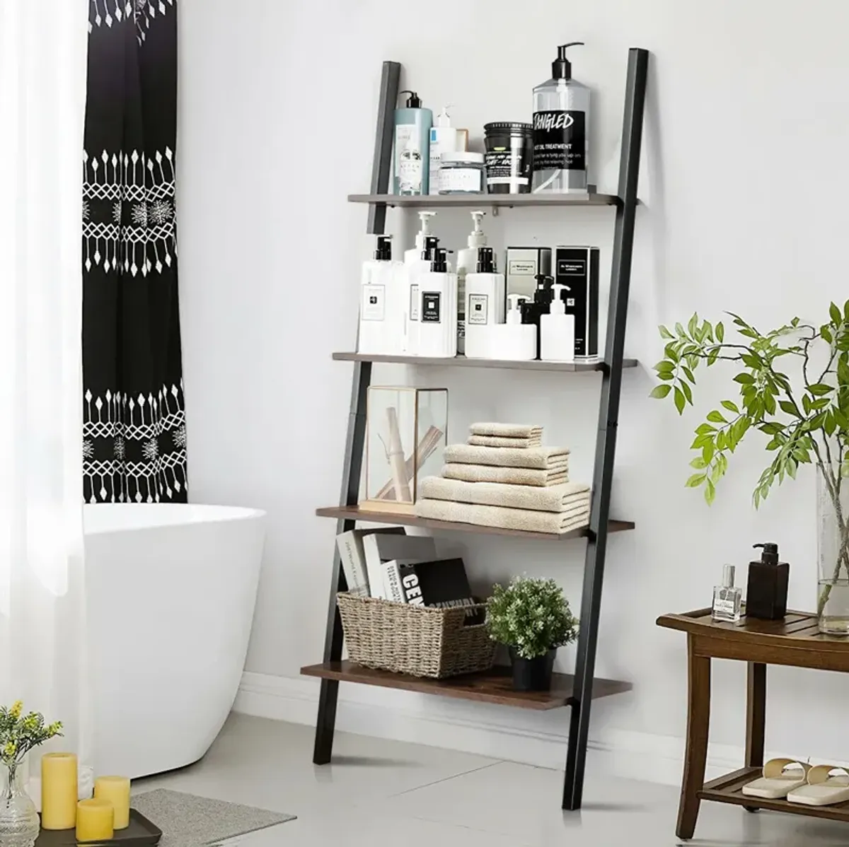 Industrial 4-Tier Ladder Shelf with Metal Frame for Living Room Office