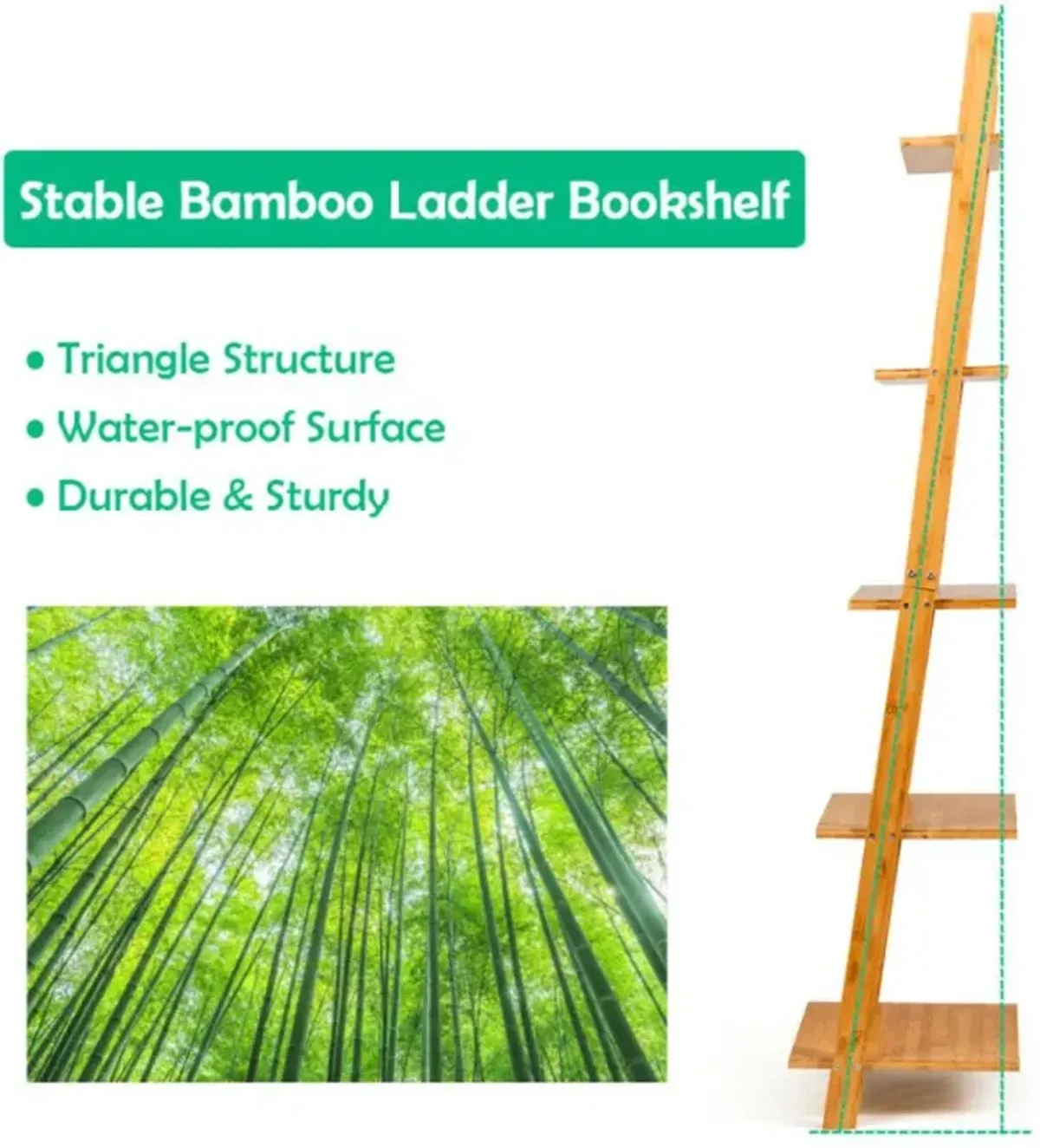 Hivvago 5-Tier Modern Bamboo Wall-Leaning Display Ladder Bookshelf