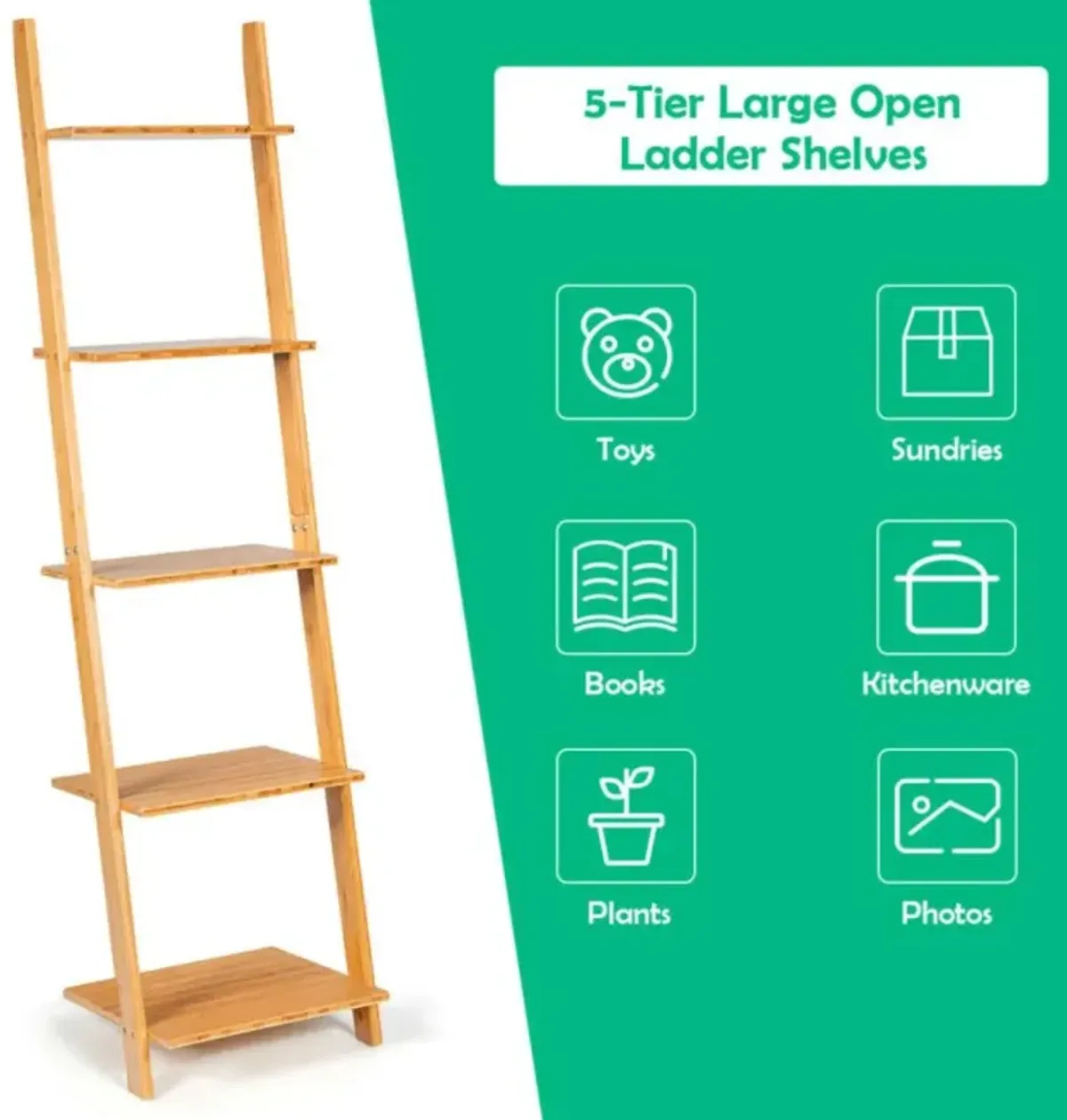 Hivvago 5-Tier Modern Bamboo Wall-Leaning Display Ladder Bookshelf