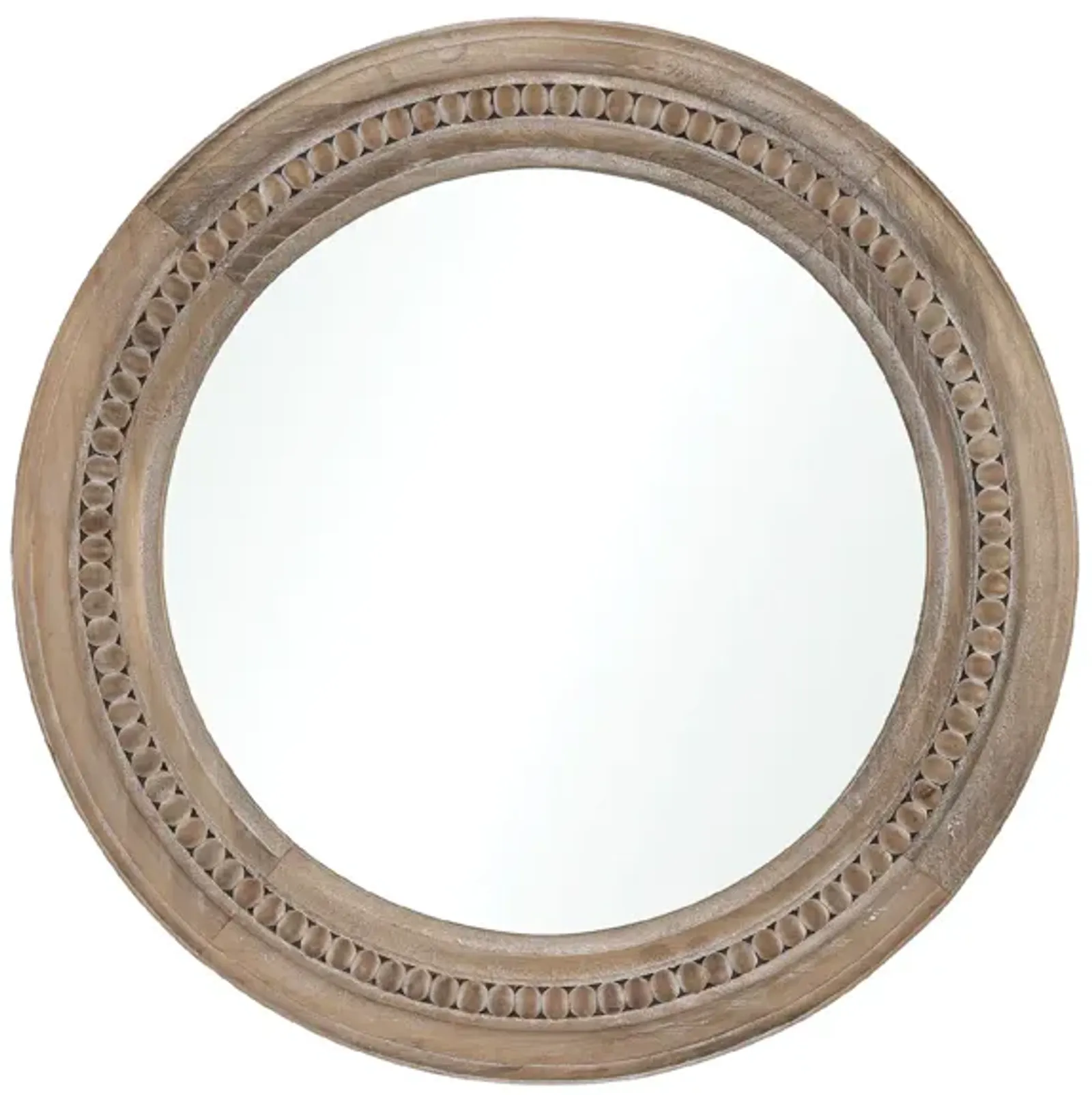 20" Brown Carved Beaded Wood Round Wall Mirror