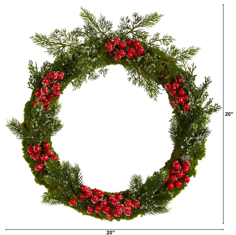 HomPlanti 20" Iced Pine and Berries Artificial Christmas Wreath