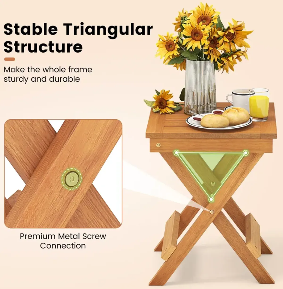 14 Inch Compact Folding Side Table with Slatted Tabletop