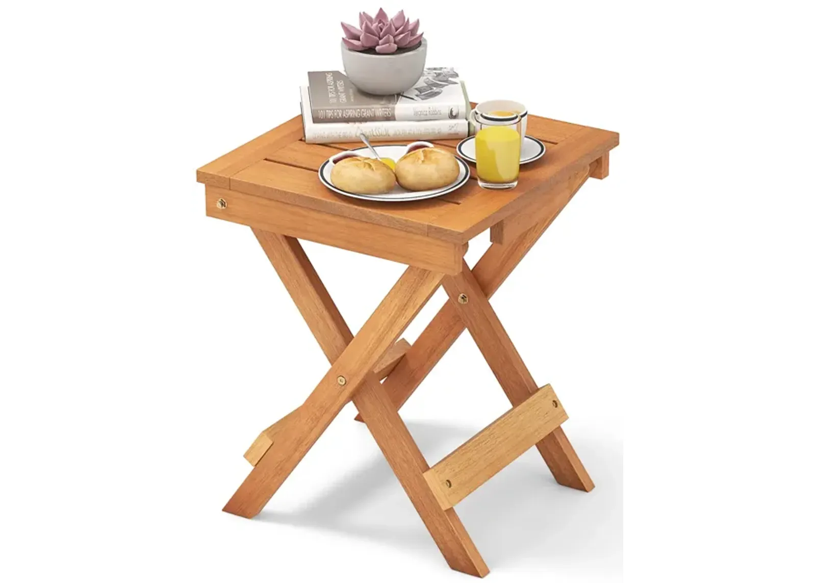 14 Inch Compact Folding Side Table with Slatted Tabletop