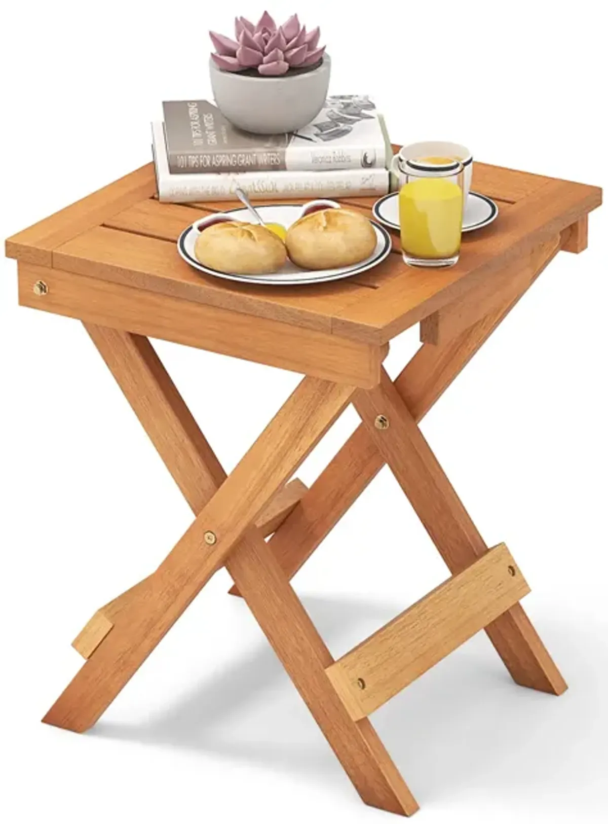 14 Inch Compact Folding Side Table with Slatted Tabletop