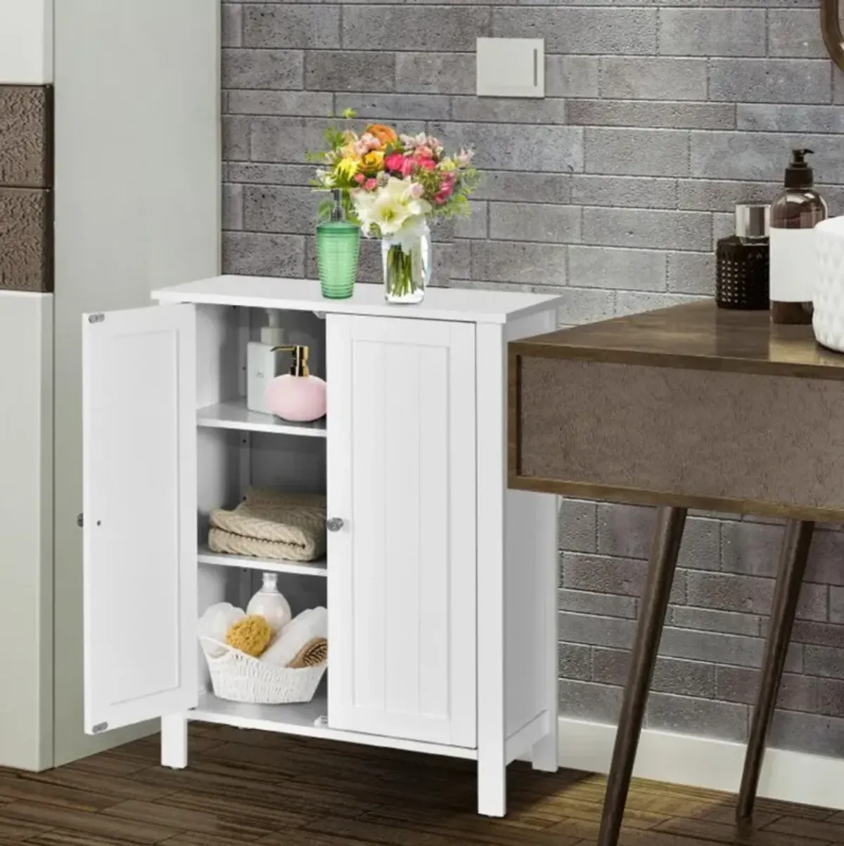 Hivvago 2-Door Bathroom Floor Storage Cabinet with Adjustable Shelf