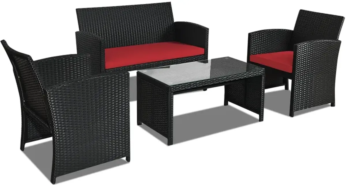 4 Pieces Rattan Patio Furniture Set with Weather Resistant Cushions and Tempered Glass Tabletop