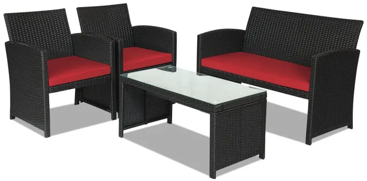 4 Pieces Rattan Patio Furniture Set with Weather Resistant Cushions and Tempered Glass Tabletop