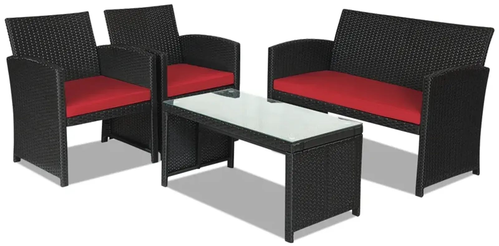 4 Pieces Rattan Patio Furniture Set with Weather Resistant Cushions and Tempered Glass Tabletop