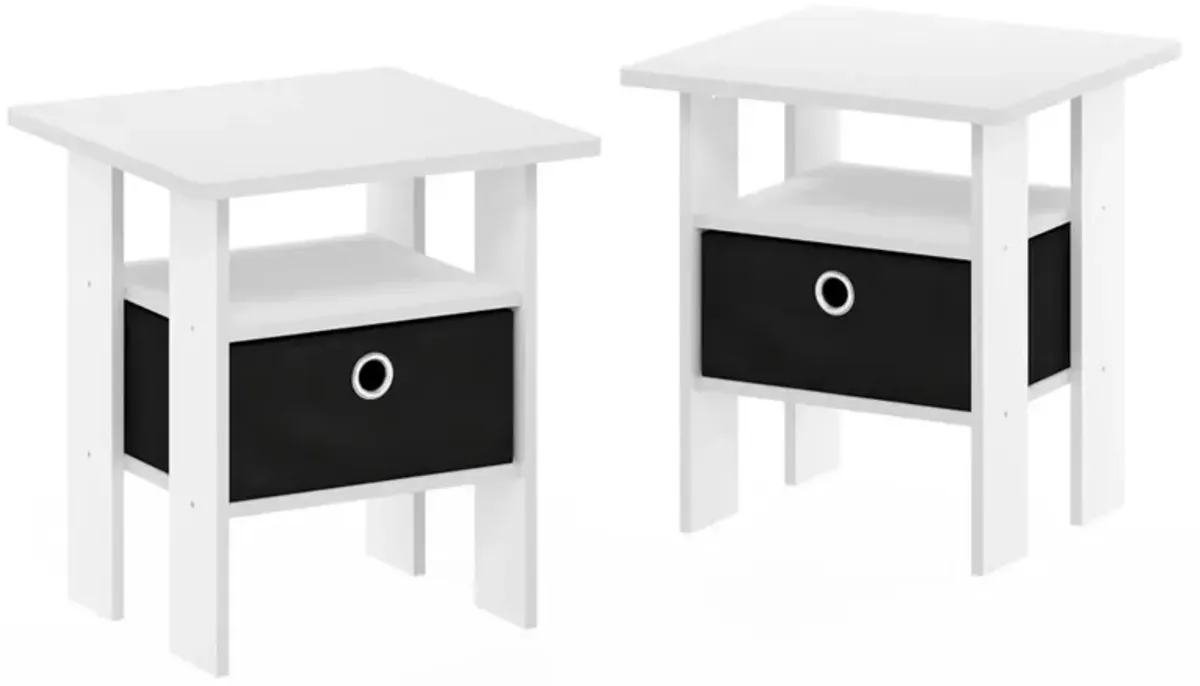 Furinno Andrey Set of 2 End Side Night Stand/Bedside Table with Bin Drawer, 2-Pack, White/Black