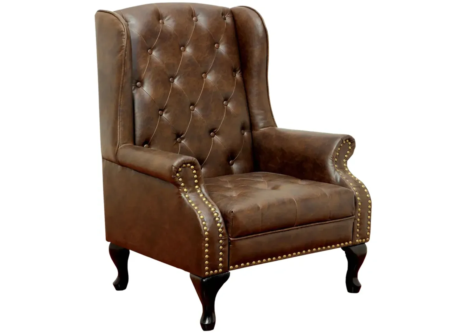 Vaugh Traditional Wing Accent Chair In Nail Head, Rustic Brown Finish-Benzara