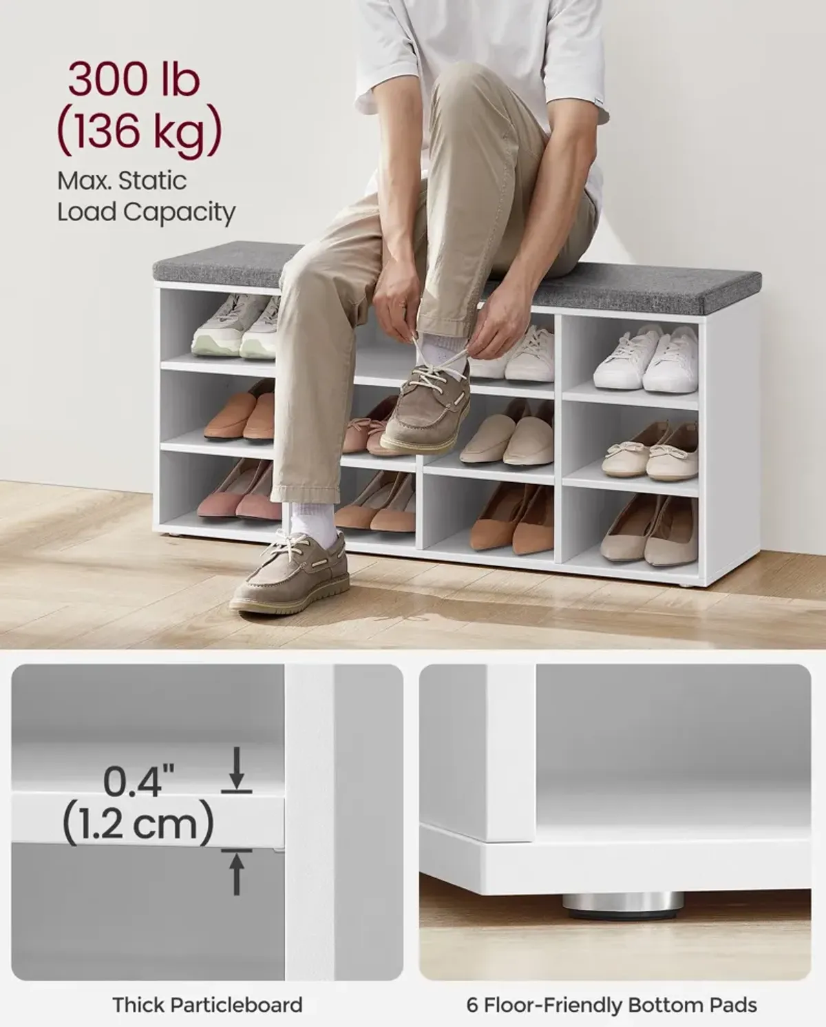 Cubbie Shoe Cabinet Storage Bench with Cushion & Adjustable Shelves - Entryway Organizer