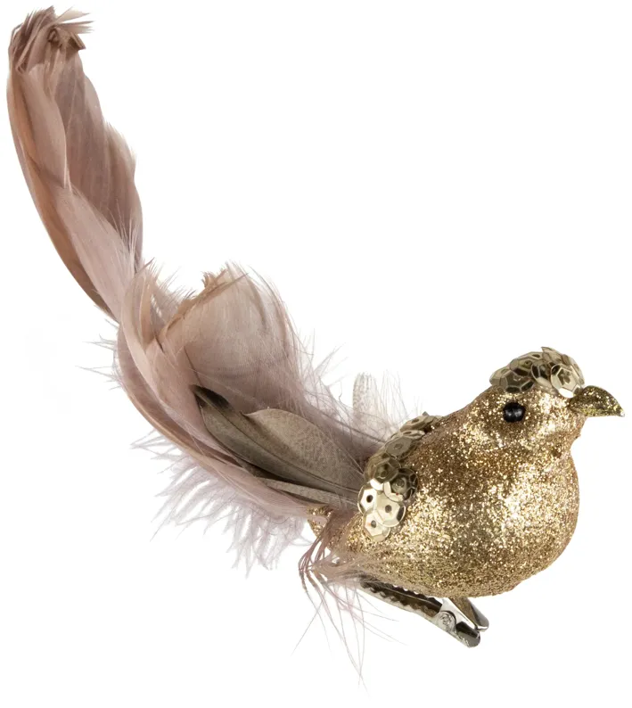 6" Gold Sequins and Glitter Bird with Clip and Feathers Christmas Ornament