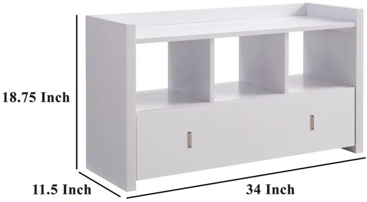 Beak Shoe Bench, 3 Open Shelves 1 Drawer, 34 Inch Classic White Finish - Benzara