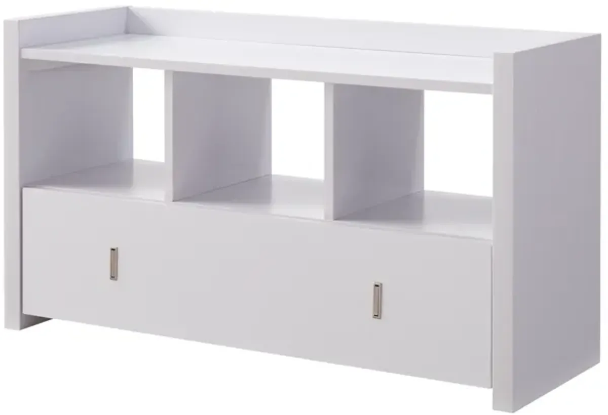 Beak Shoe Bench, 3 Open Shelves 1 Drawer, 34 Inch Classic White Finish - Benzara