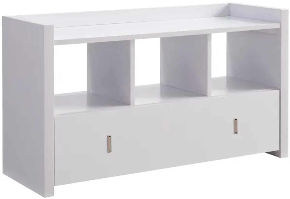 Beak Shoe Bench, 3 Open Shelves 1 Drawer, 34 Inch Classic White Finish - Benzara