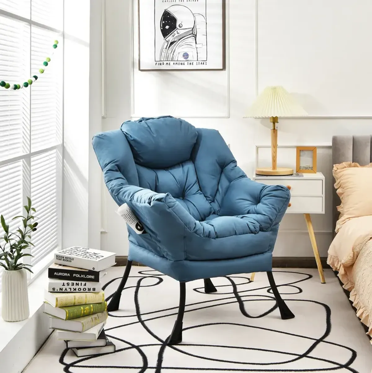 Modern Polyester Fabric Lazy Chair with Steel Frame and Side Pocket