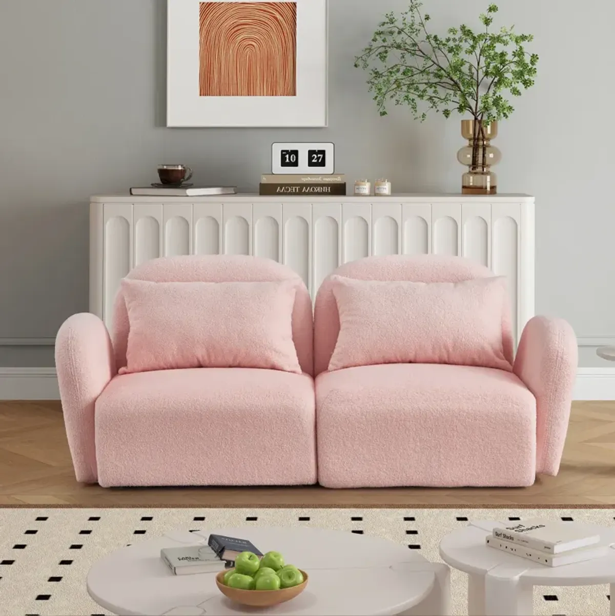 Lazy Sofa Loveseat Teddy Fabric Pink