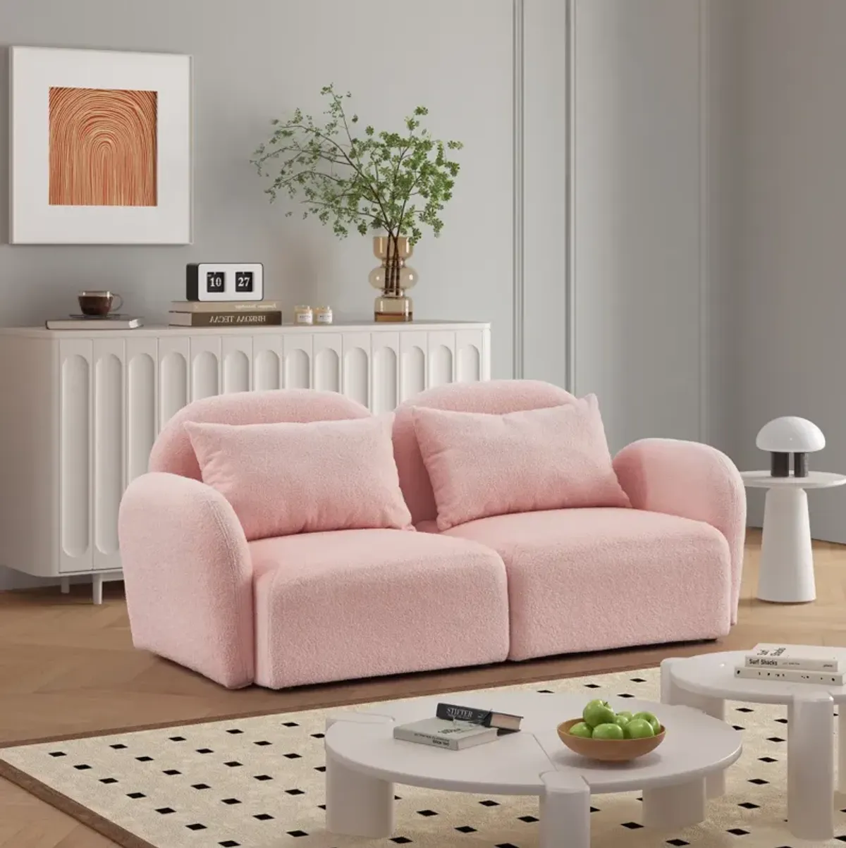 Lazy Sofa Loveseat Teddy Fabric Pink