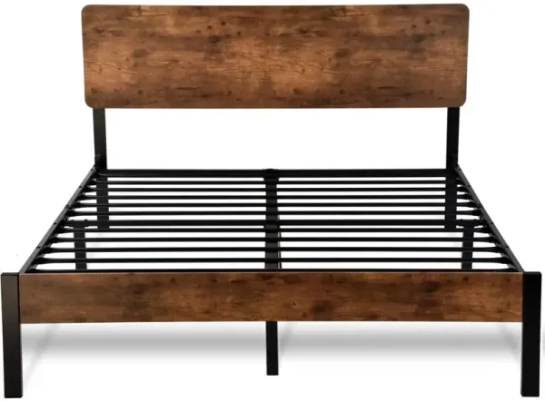 Hivvago Full Modern Metal Platform Bed Frame with Rustic Wood Headboard and Footboard