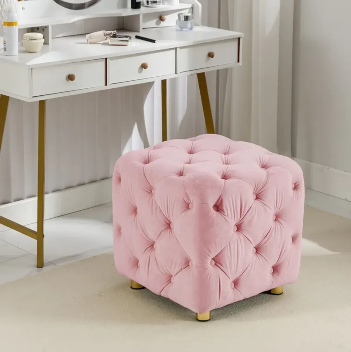 Pink Modern Velvet Upholstered Ottoman, Exquisite Small End Table, Soft Foot Stool