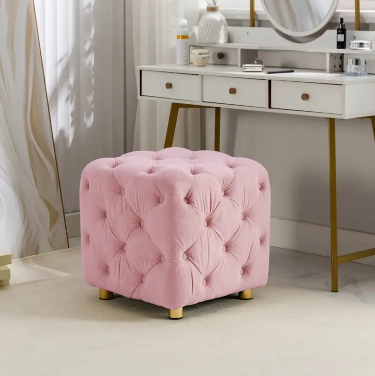 Pink Modern Velvet Upholstered Ottoman, Exquisite Small End Table, Soft Foot Stool