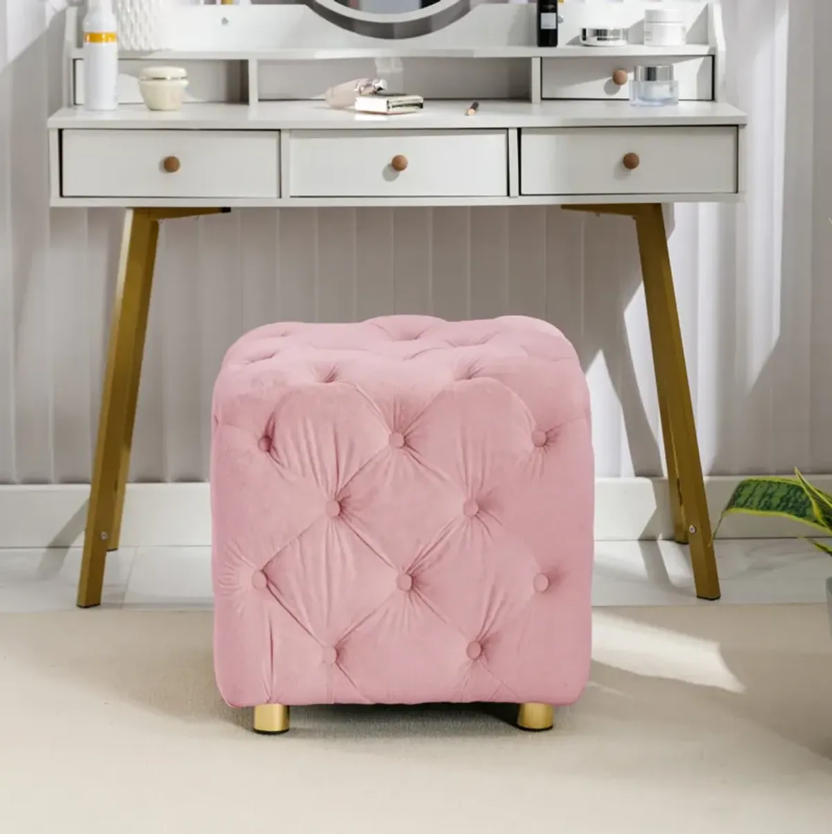 Pink Modern Velvet Upholstered Ottoman, Exquisite Small End Table, Soft Foot Stool