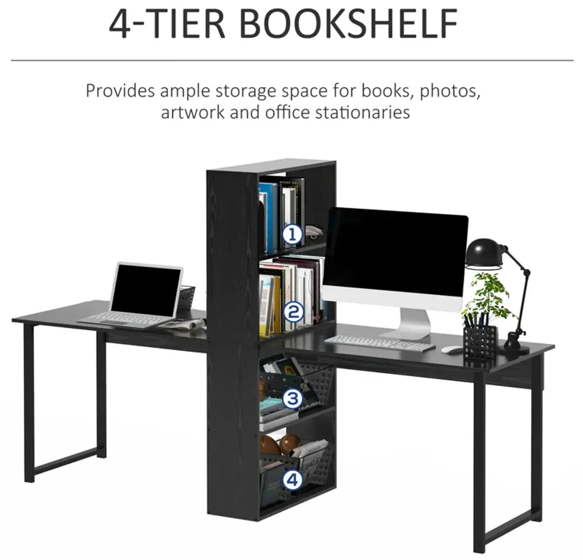 HOMCOM 88" Extra Long 2-Person Computer Desk with Storage Shelves Combo, Double Workstation Storage Study Writing Table for Home Office, Bookshelf, Black