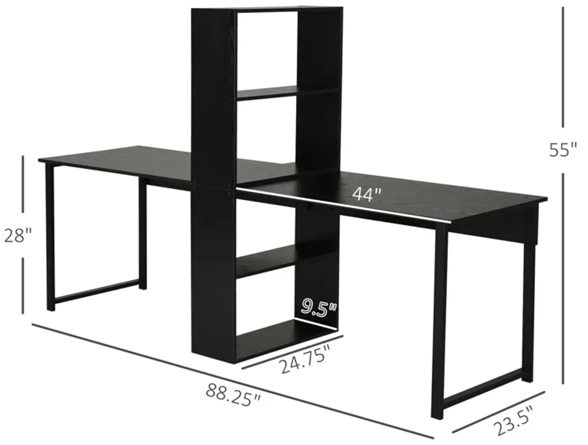 HOMCOM 88" Extra Long 2-Person Computer Desk with Storage Shelves Combo, Double Workstation Storage Study Writing Table for Home Office, Bookshelf, Black