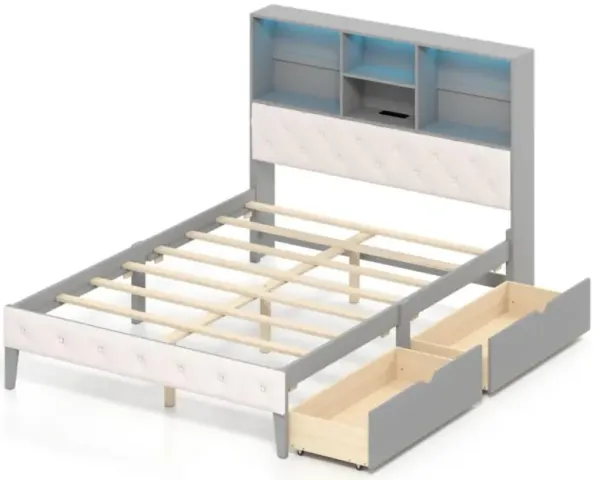 Hivvago Full Size Bed Frame with Bookcase Headboard and LED Lights