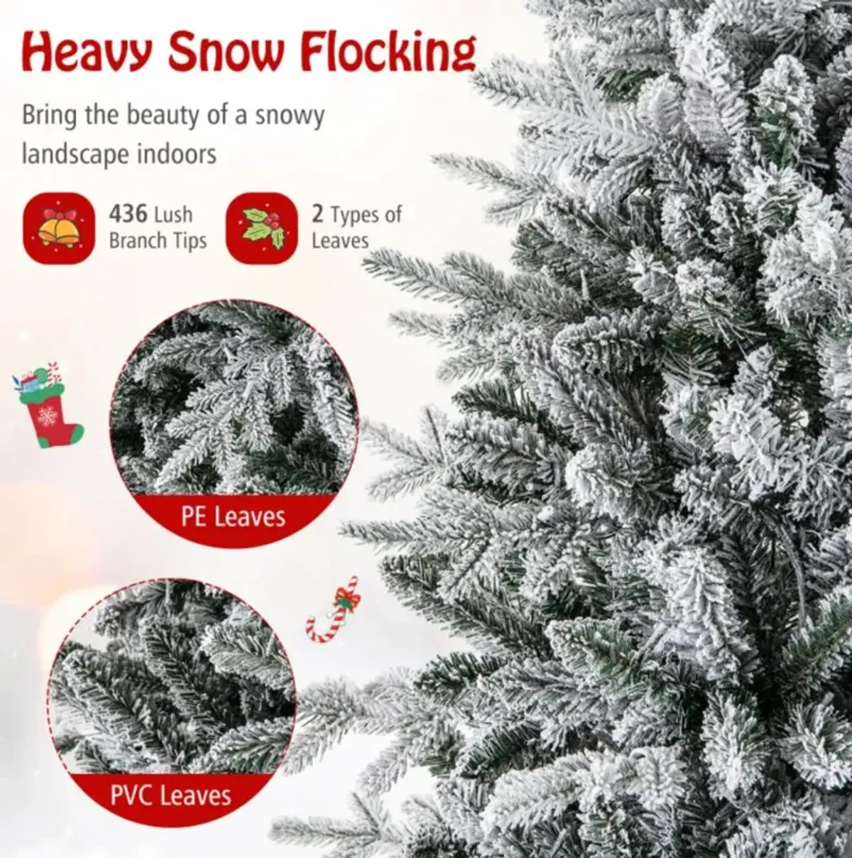 Hivvago 4.5/6/7 Feet Flocked Christmas Tree with 8 Lighting Modes and Multi-Color LED Lights