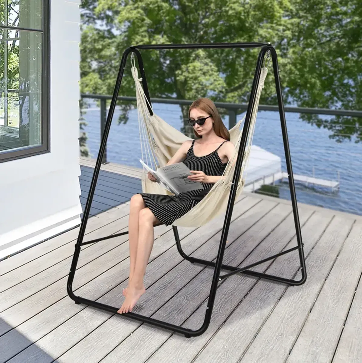 Hanging Padded Hammock Chair with Stand and Heavy Duty Steel