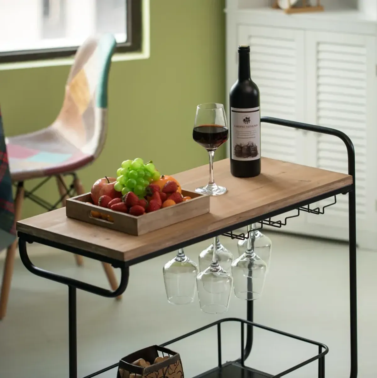 Metal Wine Bar Serving Cart with Rolling Wheels, Glass Holder, and Wine Rack