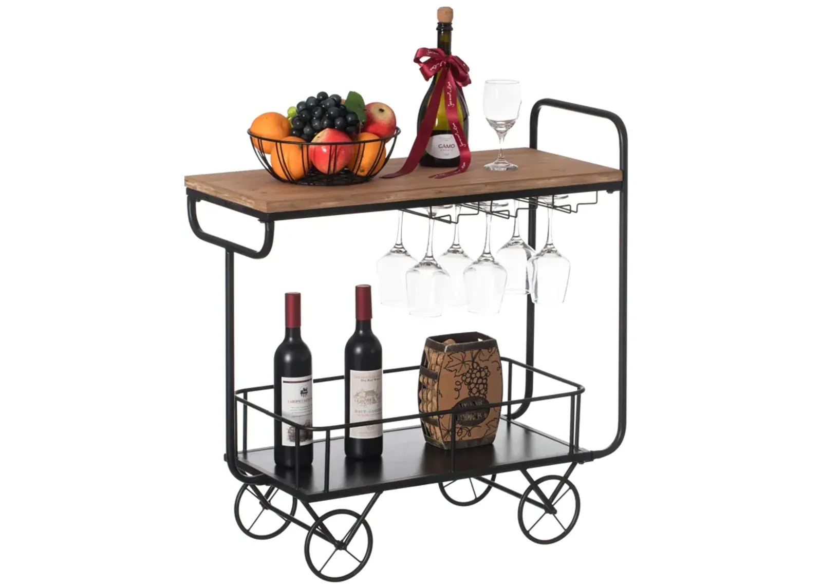 Metal Wine Bar Serving Cart with Rolling Wheels, Glass Holder, and Wine Rack