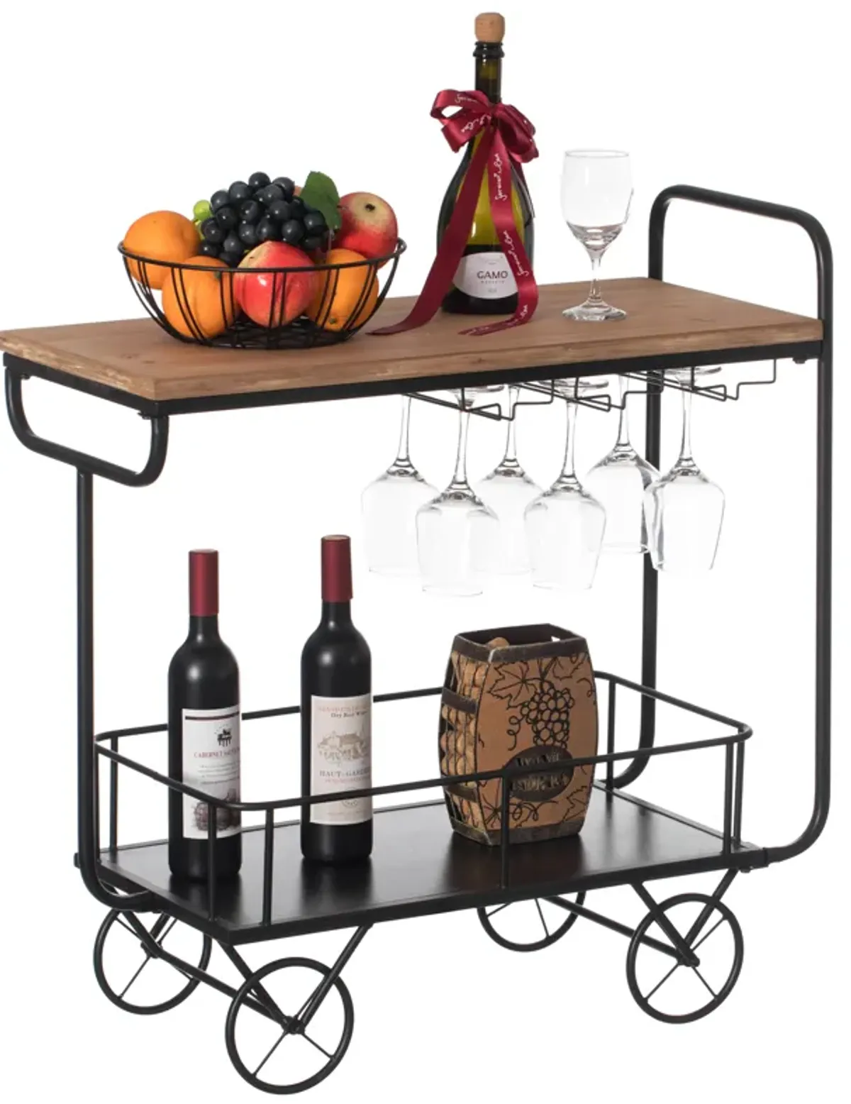 Metal Wine Bar Serving Cart with Rolling Wheels, Glass Holder, and Wine Rack